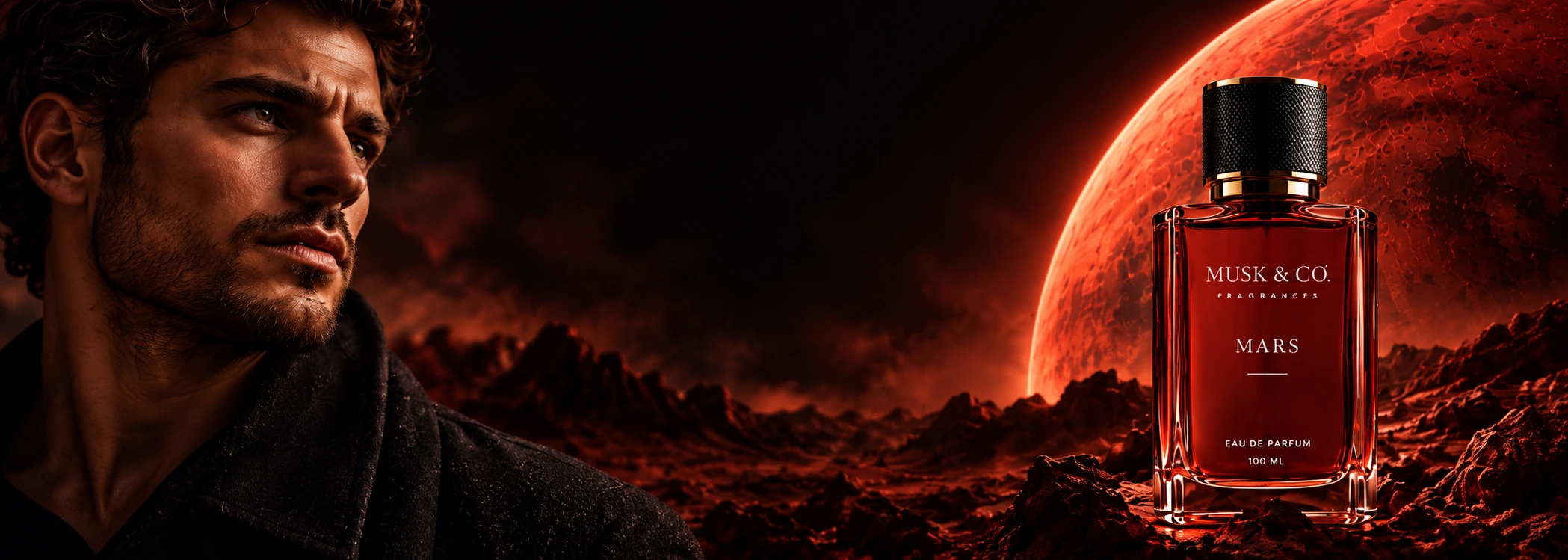 MARS fragrance campaign with a red planetary landscape